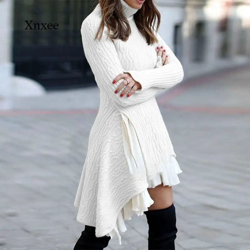 

Autumn Winter Knitted Women Dress Long Sleeve Asymmetrical Turtleneck Casual Female Patchwork Midi Sweater Dresses