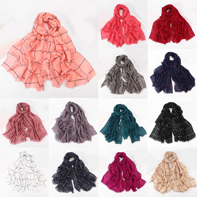 

Cotton Voile Plaid Stripes Long 180*80cm Women Scarf Shawls Wrap Muslim Headscarf Hijab Scarf Soft Islamic Classic Double Color