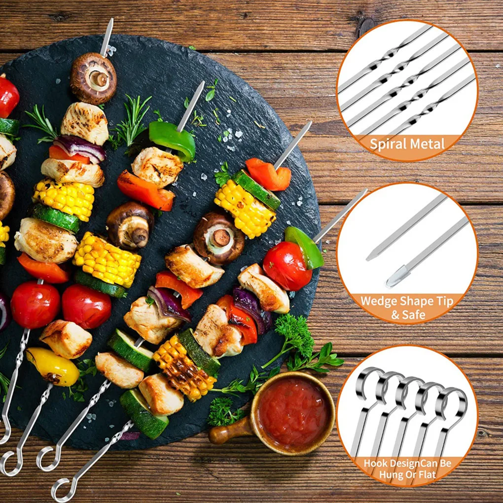 10pcs BBQ Skewers Reusable Stainless Steel Barbecue Sticks Flat Cooking Grill Skewers Home Camping Kitchen Tools