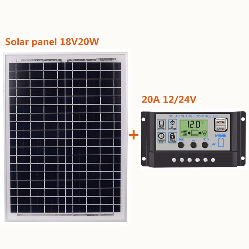 Черные 18V20W солнечные панели+ 20A 12 V/24 V Солнечный контроллер с интерфейсом USB