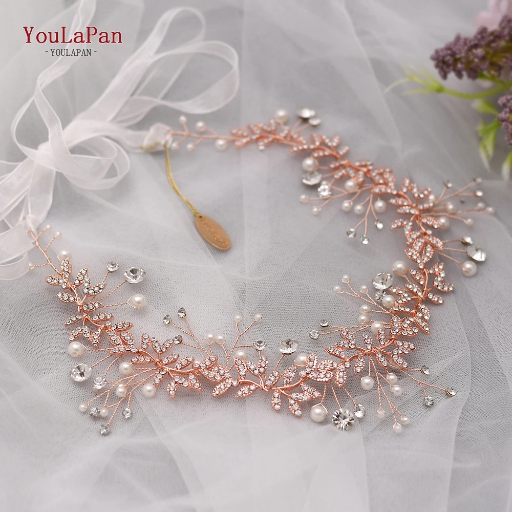 YouLaPan Customized Headband Rose Golden Crystal Rhinestone Pearl Wedding Hairband Women Hair Jewelry Birthday Party Tiara HP233 images - 6