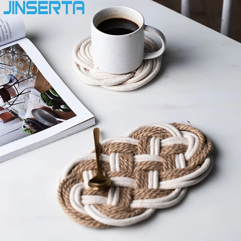 JINSERTA поднос для чайных чашек ручной работы из хлопка и льна, коврик для стола, моющийся, изоляционный, анти-горячий коврик для декора рабочего стола