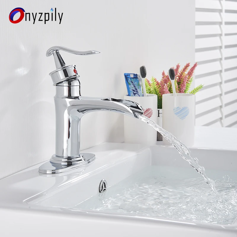 Onyzpily хромированный смеситель для раковины с крышкой Водопад Носик латунный кран для раковины ванной комнаты с одной ручкой на одно отверстие смеситель для ванны вращение torne