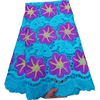 

Women dresses cotton Fabric purple-golden color flowers with stones Hot sale good quality hollowed out Swiss Voile Lace Fabric
