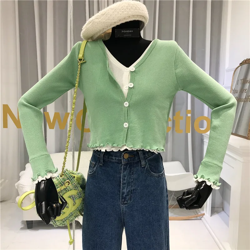 

V-Neck Women's Knitted Cardigans Single Breasted Patchwork Faux 2piece High Street Short Womens New Arrival Sweaters