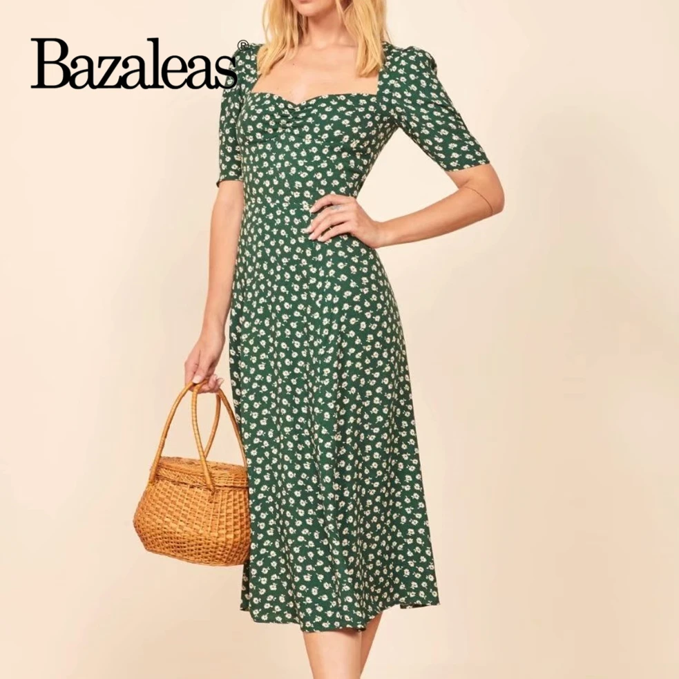 Bazaleas Винтаж vestidos ретро короткий рукав вечернее платье Элегантное ropa mujer Франция зеленый цветочный принт женское миди платье