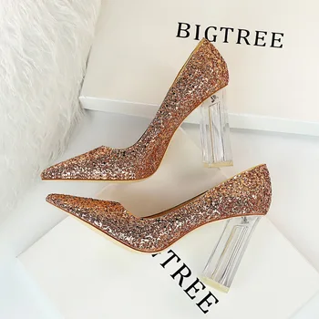 

2020 Plus Size Women Block 10cm High Heels Glitter Scarpins Gold Silver Block Heels Pumps Lady Wedding Transparent Chunky Shoes
