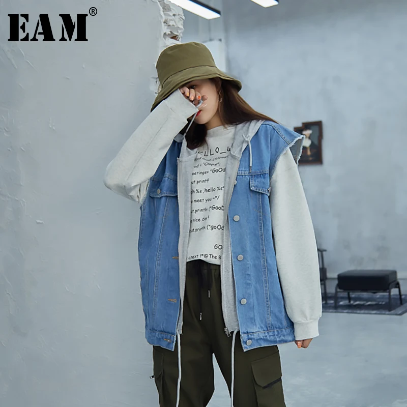 

[EAM] Drawstring Pockets Spliced Loose Fit Denim Jacket New Hooded Collar Sleeveless Women Coat Fashion Autumn Winter 2019 JZ048