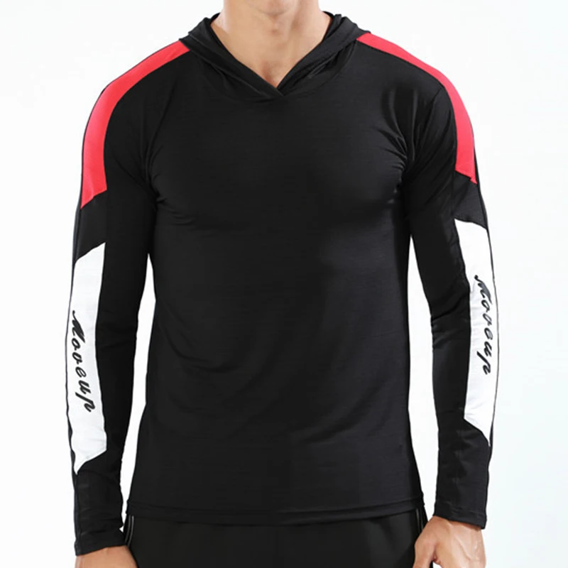 Быстросохнущая Мужская футболка для бега, Спортивная футболка для бодибилдинга, топ с капюшоном и длинными рукавами, Спортивная футболка для мужчин, фитнес-плотно - Цвет: B