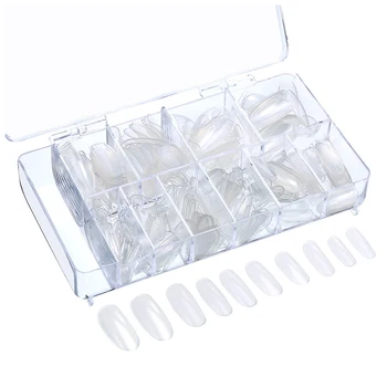 

500 Pieces Oval Fake Nail Tips Full Cover False Nails 10 Sizes with Clear Box for Nail Salons and DIY Nail Art, Clear