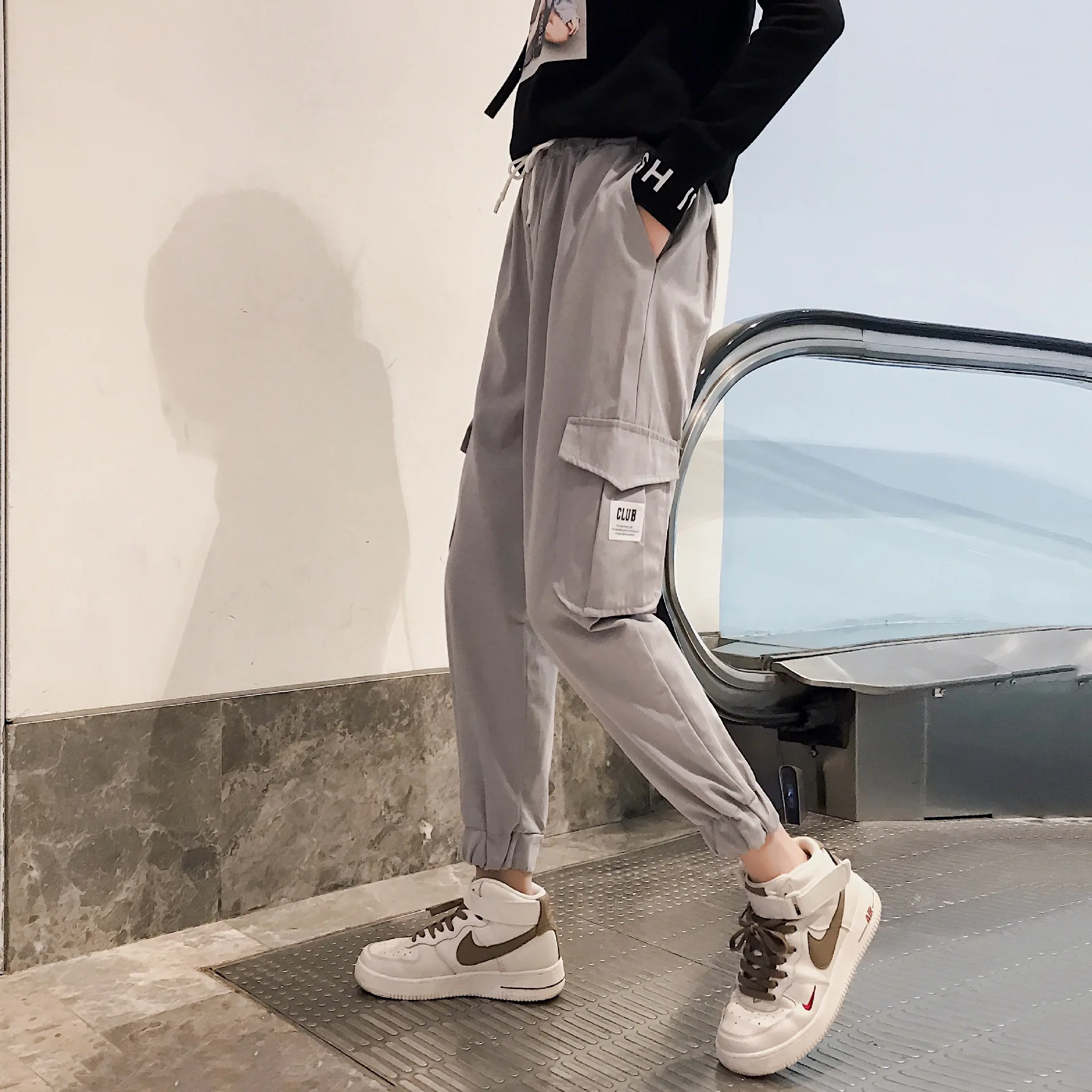 

Bib Overall Beam Leg Slimming Spring Clothing High-waisted Leggings Black And White with Pattern Students Straight-Cut Loose-Fit