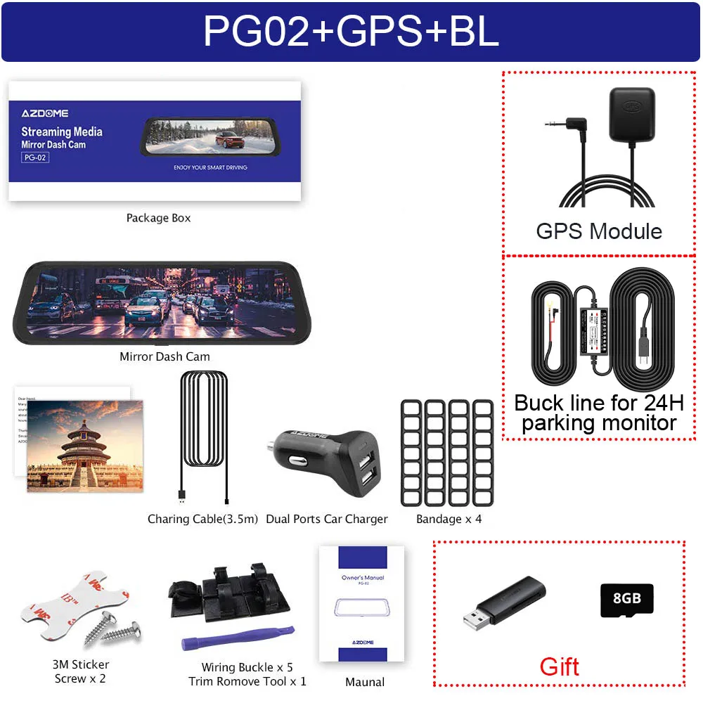 PG02-GPS-BL AZDOME PG02 1" зеркальный видеорегистратор с gps потоковым медиа Полноэкранный сенсорный ADAS двойной объектив ночного видения 1080P+ 720P Автомобильные видеорегистраторы - Color Name: PG02-GPS-BL
