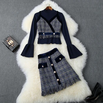

Small Fragrant 3 Pieces Clothing Set 2019 Autumn Women Knit Pullover Top + Tweed Short Tank Crop And Mini Tassel Skirt Suit