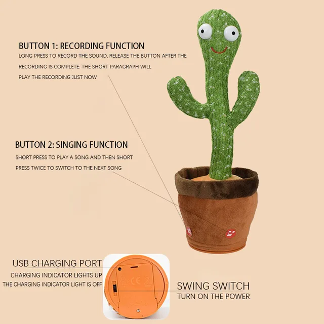 Plush cactus dancing toy, 120 songs, speaker, USB charging, vocal rehearsal, gifts for children 6