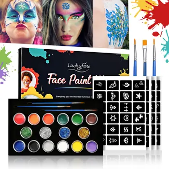 

Face Body Paint Kit Professional Face Paint Oil with 12 Large Washable Paints 3 pens 4 Tattoo Stickers 4 Glitter Powder Glues