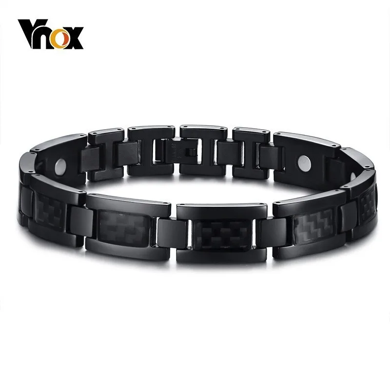 Vnox 12 мм углеродного волокна энергии силовые браслеты для мужские черные