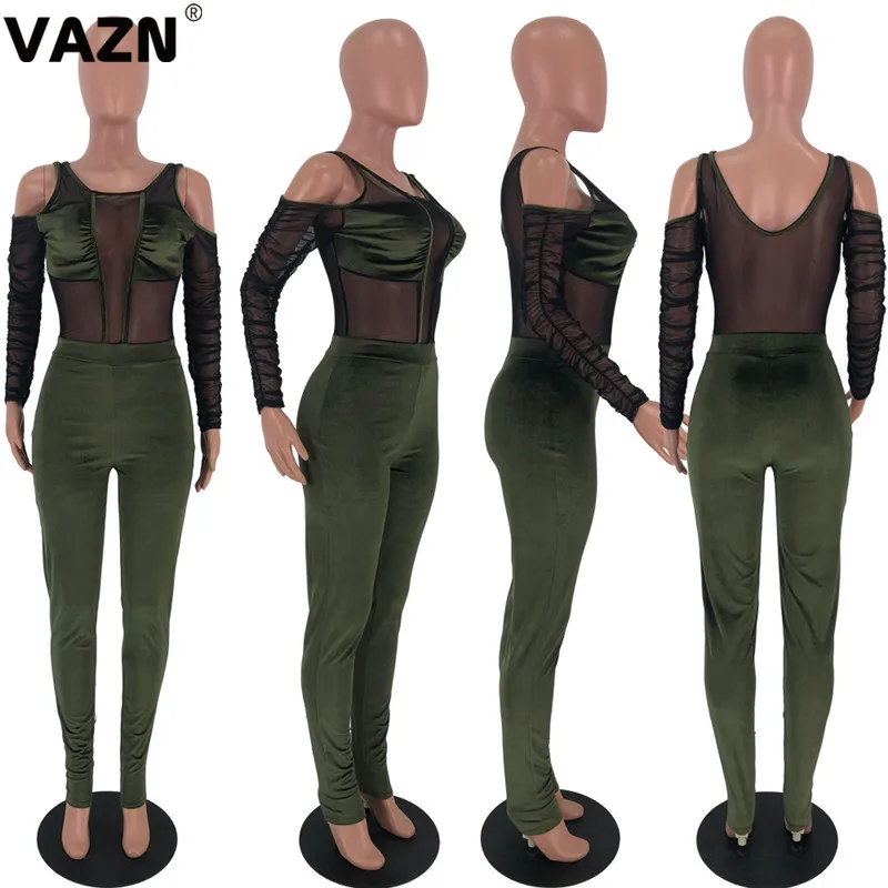 VAZN LDS3188 шикарный дизайн Осень сексуальная леди 5 цветов длинный комбинезон полный рукав лоскутное кружево велюр juimpsuit шикарный комбинезон