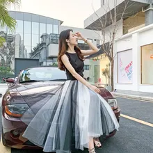 Корейская сетка кружева принцесса юбка Модные женские гофрированные длинные юбки Эластичная Высокая талия Градиент тюль юбки-пачки женские