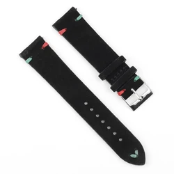 Premium Vintage Suede Leather Blue Watch Strap - 22mm (Black - Red Green Line)