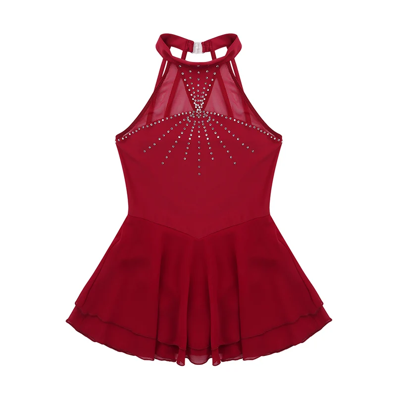 TiaoBug Kids Teens Sleeveless Sparkly Rhinestones Mesh Splice Figure Skating Dress Girls Ballet Gymnastics Leotard Dance Wear