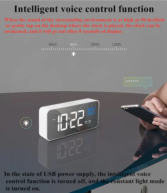 Rechargeable Digital Alarm Clock Voice Control Snooze Night Mode Table Clock Music Electronic LED Clocks Despertador Digital 4