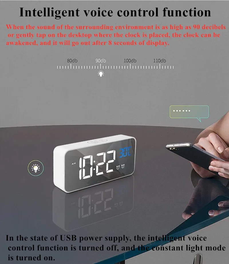 Music Alarm Clock LED Digital Clock 2 Alarms Voice Control Snooze