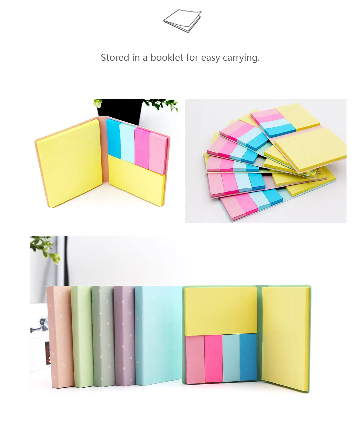 Sticky notes in a booklet Three sizes of self-stick notes 300 sheets Conveniently use as memo, book maker, index of file folder