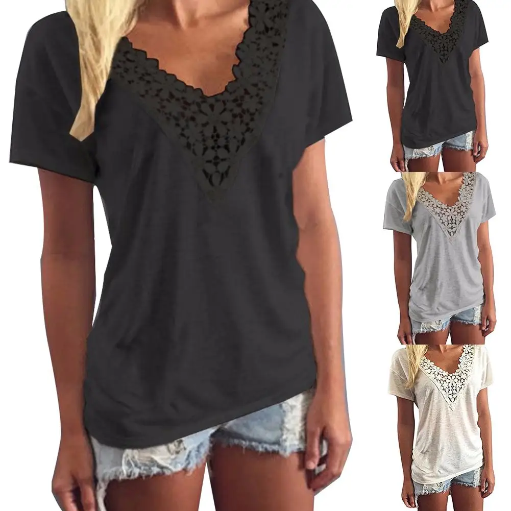 

New Casual Women Solid Color Lace Stitching V Neck Short Sleeve T-Shirt Top