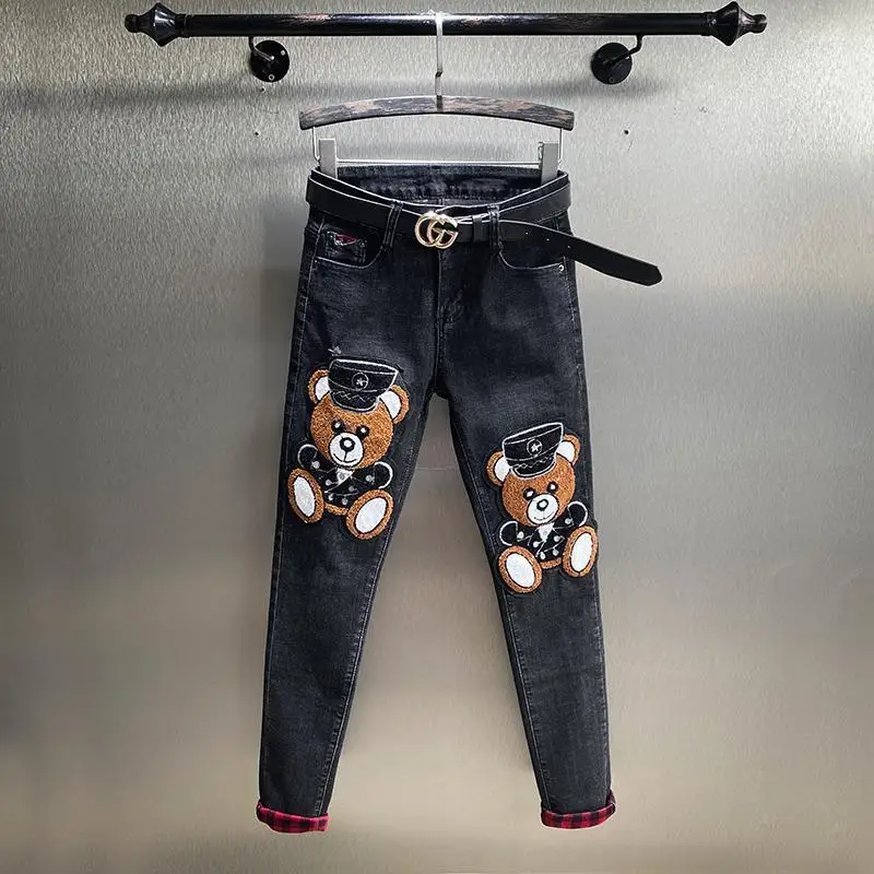 Spring Autumn Women Jeans 2021 New Design Cartoon Bear All-match Hjigh Waist Black Pencil Pants Ankle-length Denim Trousers spring autumn and winter skinny warm jeans women velvet ankle length casual thick pencil pants basic fleece denim trousers