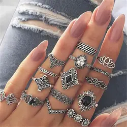 15 шт., женские модные кольца Anel Aneis Bague Femme с камнем, серебряные кольца на палец средней длины, ювелирные изделия в стиле бохо, винтажные