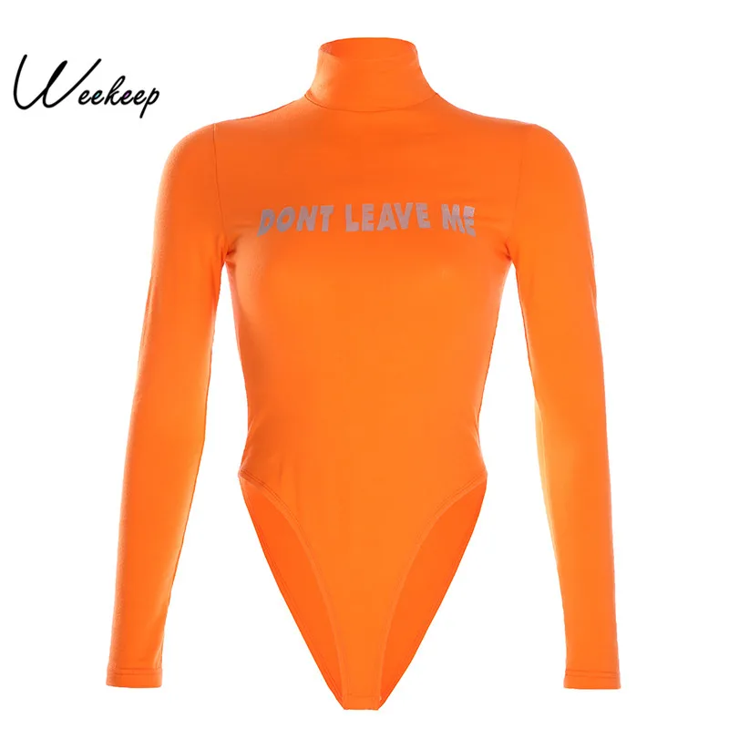 

Weekeep Reflective Letter Print Bodysuit Women Spring Autumn Turtleneck Long Sleeve Bodysuits Knitted Slim Waist Rompers Women