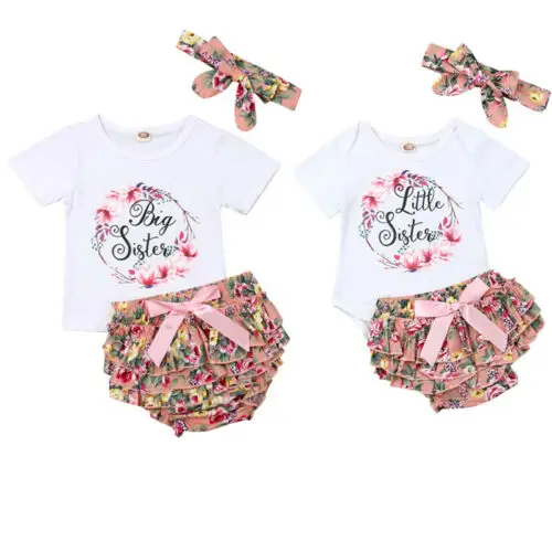Комплекты одинаковой одежды для большой маленькой сестры футболка для маленьких девочек топы, штаны с цветочным принтом, повязка на голову, комплект из 3 предметов комплект повседневной одежды для малышей
