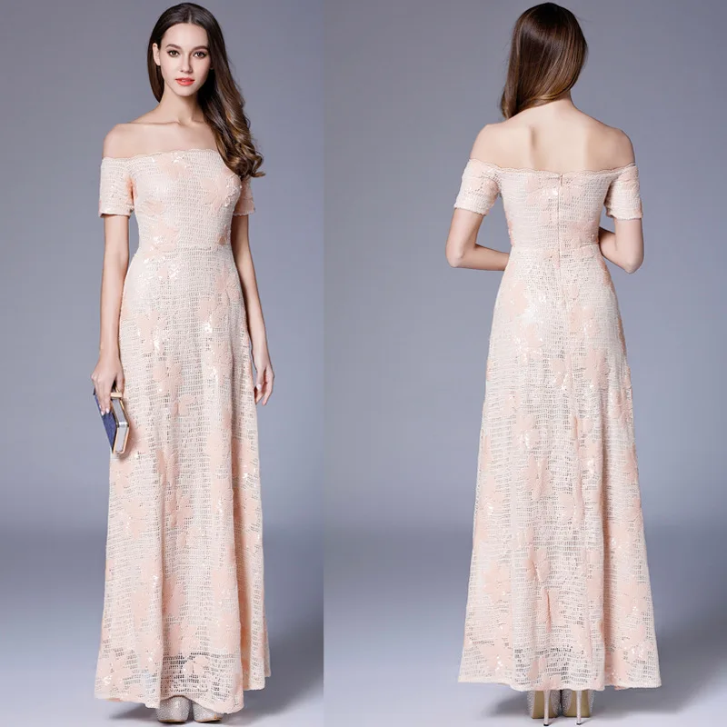 

2019beautifly New Style off-Shoulder Mesh Sequin Embroidery Long Evening Dress Sisters Service Bridesmaid Mission