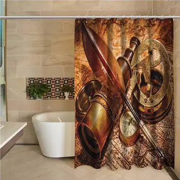 

Antique Professional Shower Curtain Compass Goose Quill Pen Spyglass and a Pocket Watch Lying on an Old Map Print Decorative