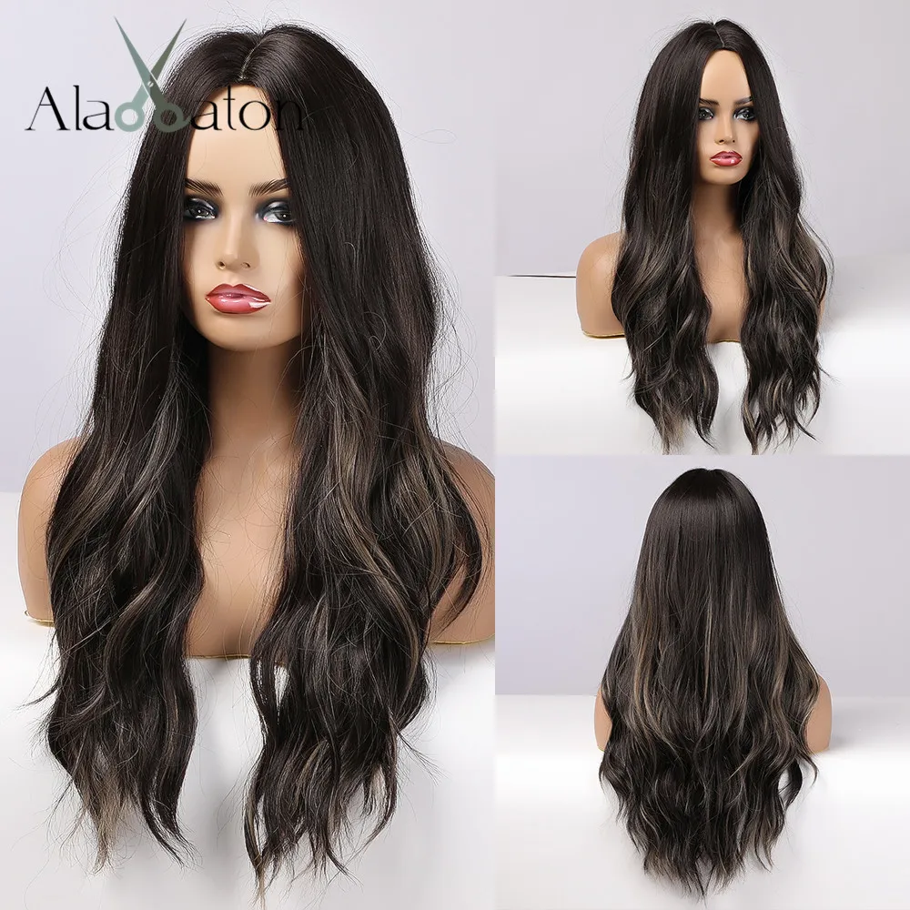 Wigs Black Alan Eaton Women Synthetic-Hair Middle-Part Water-Wave Brown Long for High-Temperature-Fiber