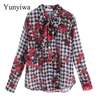 

Women Vintage Flower Print Casual Houndstooth Kimono Blouse Shirt Women Long Sleeve Autumn Blusas Chic Bow Femininas Tops