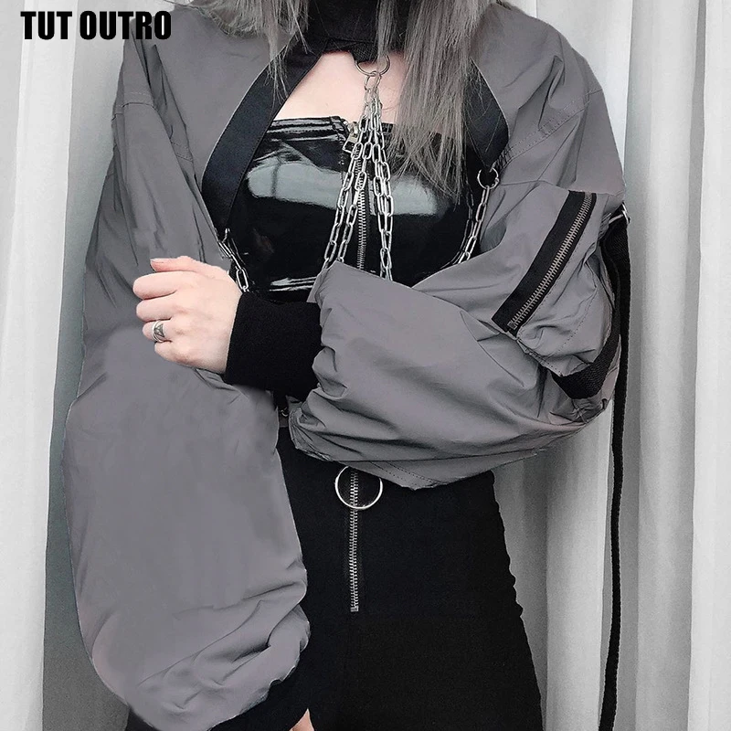 

Autumn Gray Windbreaker Women Basic Jacket Women Loose Irregular Reflective Chain Hip Hop Long-sleeved Punk Bomber Famale Coats