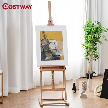 

Simple Adjustable Wood H-Frame Tray Painting Floor Easel Lightweight Eucalyptus Solid Wood Steel Fittings Decorative Shelves