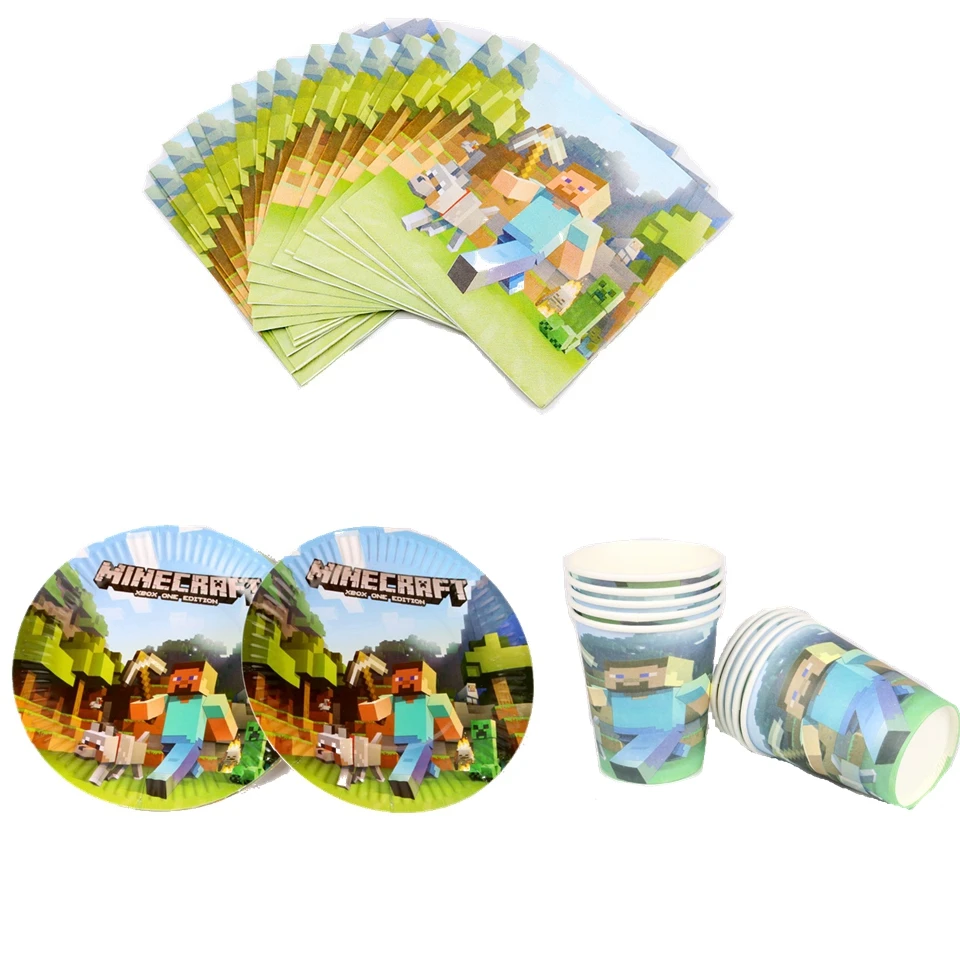 

60pcs/pack Minecraft Theme Party Paper Cups Plates Napkins Party Set for 20 People Use Minecraft Birthday Party Decorations