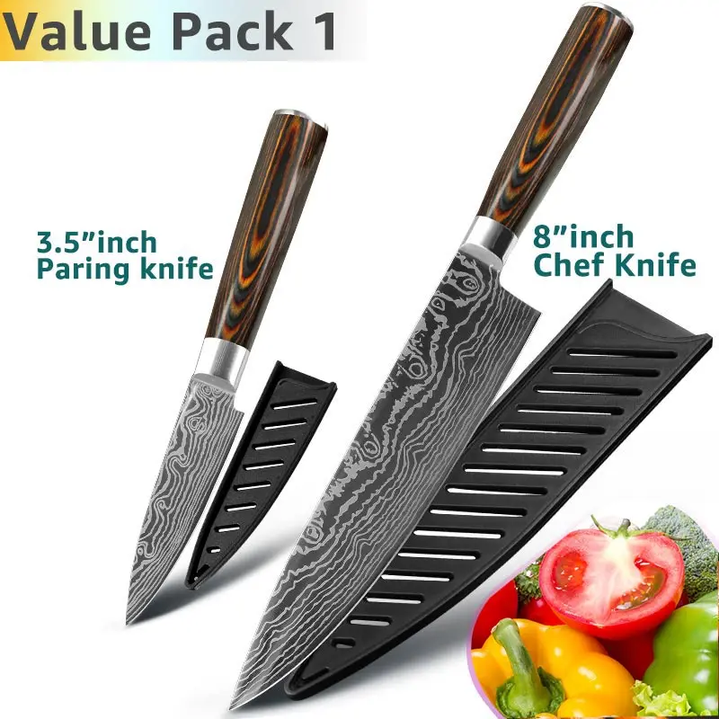 VIP Кухня Ножи 8 дюймов японский ножей шеф-повара 7CR17 440C с высоким содержанием углерода Нержавеющая сталь Дамаск рисунок универсальный набор сантоку - Цвет: Value Pack 1