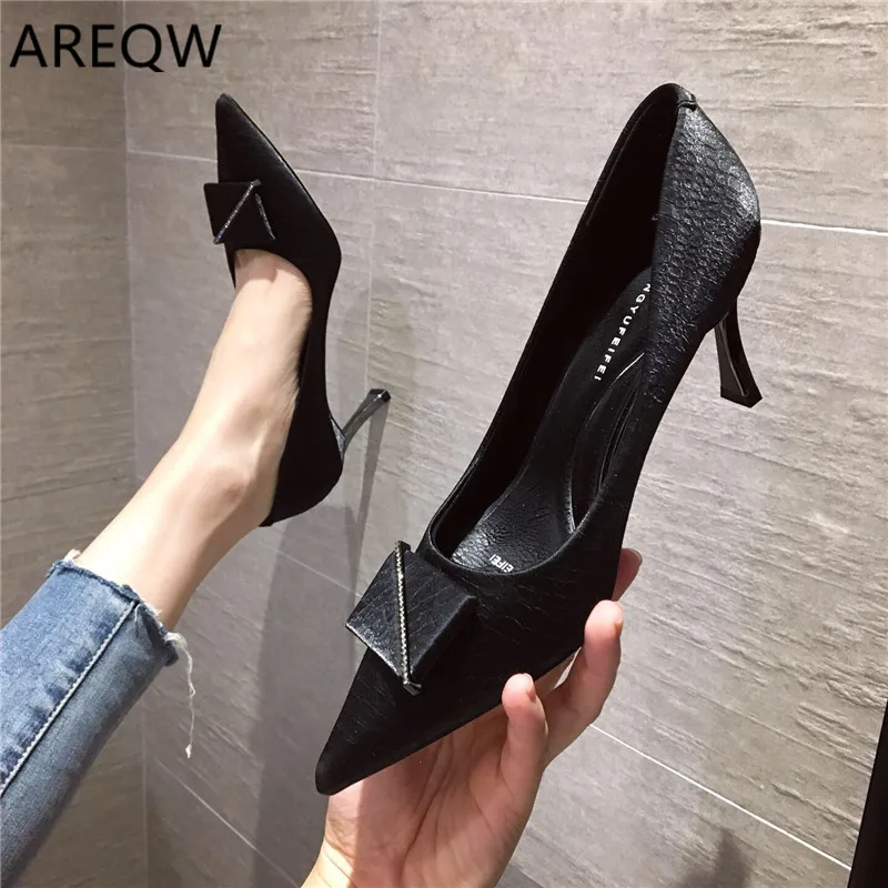 

2020 New Spring and Autumn Woman Wedding Slip on Pumps High Heels Shoes Fashion Bow Shallow Slides Zapatos Mujer