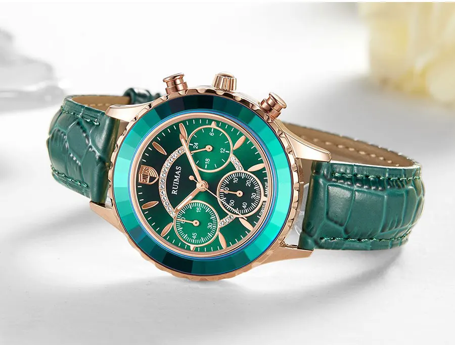 RUIMAS Women's Chronograph Quartz Watches Luxury Green Leather Wristwatch Lady Female Watch Top Brand Relogio Feminino Clock 592