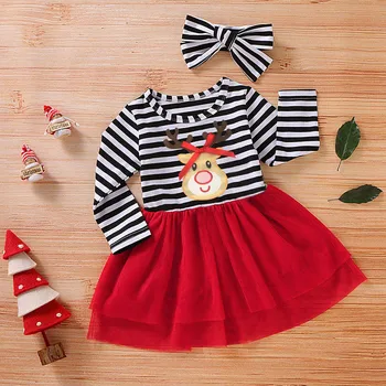 

Dress Baby Girls Clothes Toddler Baby Girls Christmas Deer Striped Print Tulle Dress+headband Outfits