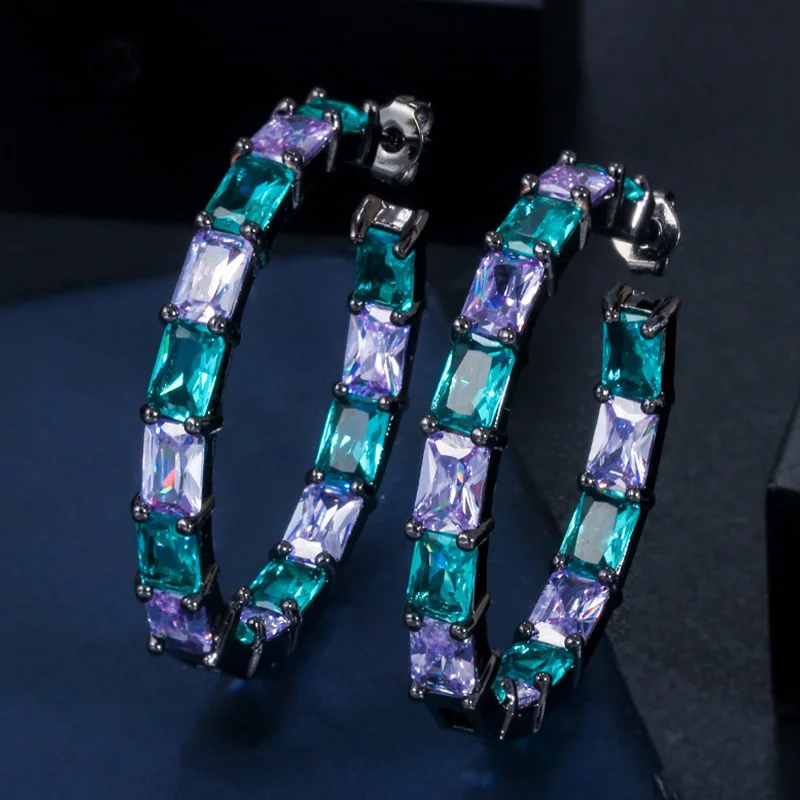Pera Princess Cut Mix светильник синий фиолетовый цвет cz проложенный кристаллами мистический Круг Круглый Большой квадратный женский обруч серьги ювелирные изделия E456