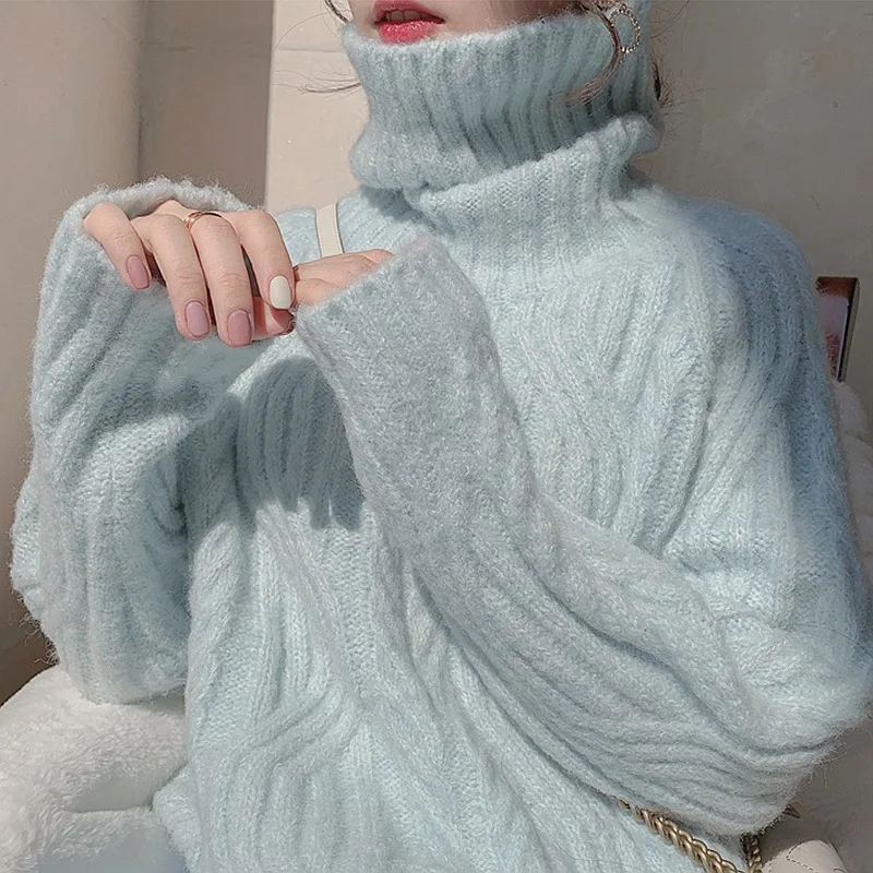 

Soft Milk Blue High Collar Bottoming Sweater Female Autumn and Winter Padded Top