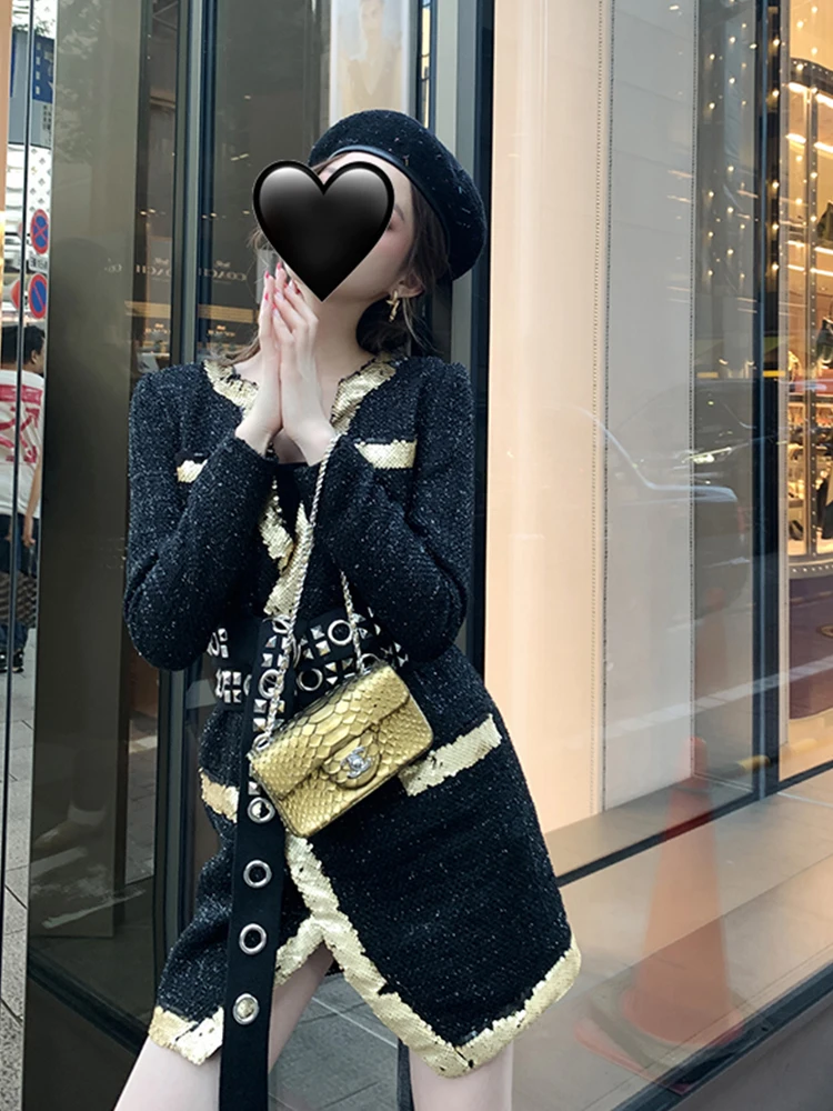 Little fragrant sequins sequins hit color tweed coat lady autumn and winter personality straps waist irregular woolen coat