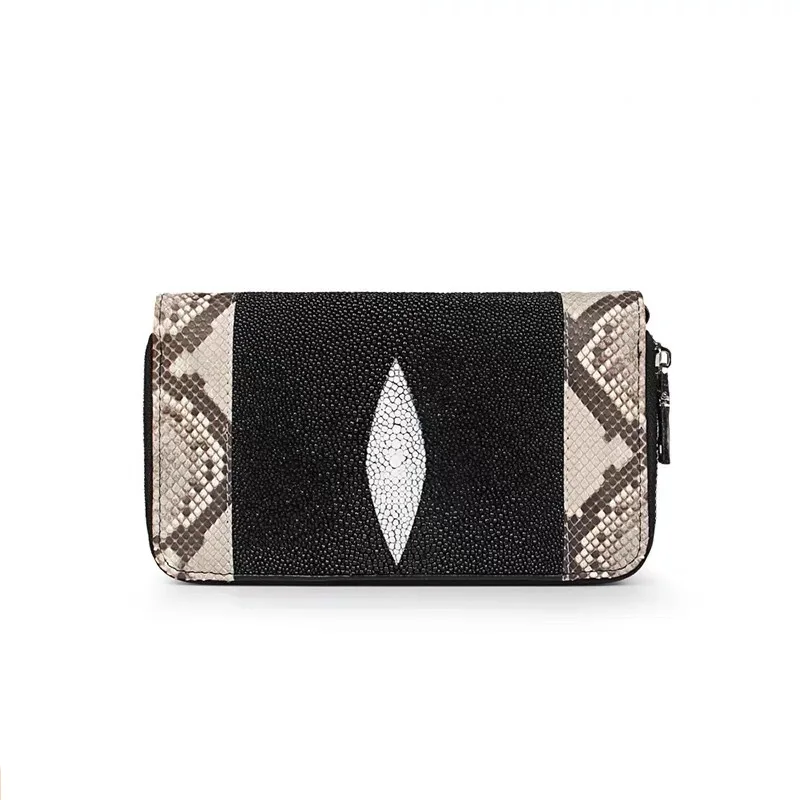 

Exotic Genuine Stingray Leather Two Zippers Closure Large Card Purse Python Snake Skin Women's Wristlets Bag Lady Clutch Wallet