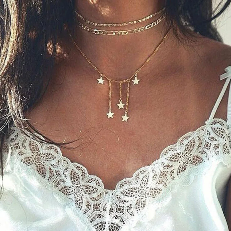 

GWACC Gold Color Chain Tiny Star Choker Necklace for Women Bijou Necklaces Pendants Simple Boho Layering Chokers Chockers