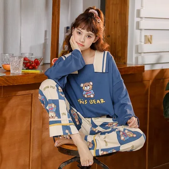 

Sleepwear Cartoon Printing Autumn New Knitted Cotton Long Sleeve Trousers Pajamas Home Wear Set Two Piece Set