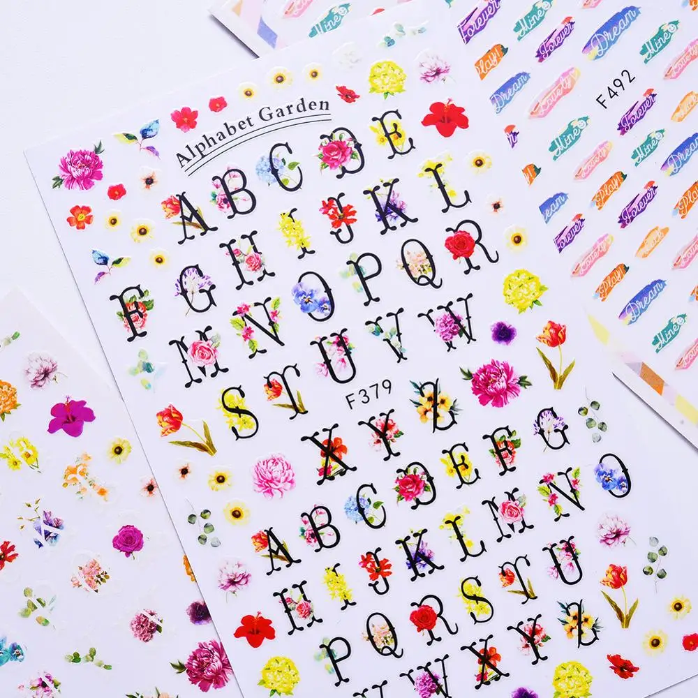

Retro Letter Flower Nail Art Stickers Decals Self Adhesive DIY Manicure Slider Accessories 3D Nail Tips Decorations